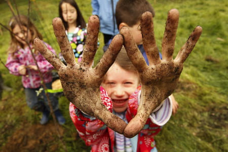 A student from the William H. Rowe School in Yarmouth shows off her dirty hands after planting an apple tree during Arbor Day activities at the Spear Farm Estuary Preserve in Yarmouth. Maine.