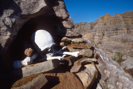 A skeleton is exposed in an open cliffside tomb in Madagascar's Isalo National Park in the southwest.