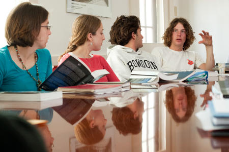A Bowdoin College student addresses the class at the Brunswick, Maine college. (Shot for US News & World Report Best Colleges Guide)