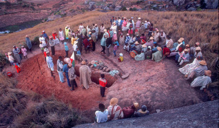 Betsileo villagers gather to worship the ancestors in a yearly ritual called Famadihana, which includes exhumation and rewrapping of remains in fresh shrouds. Some Malagasy worship the ancestors, believing all will be well in their lives if they honor and remember the ancestors.