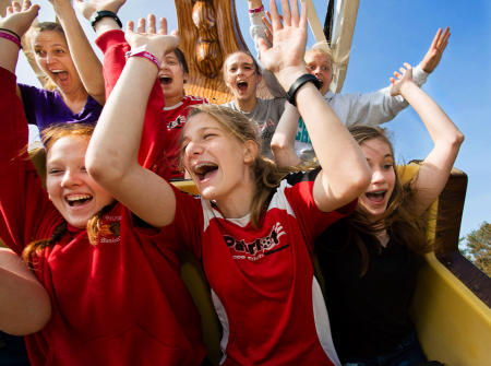 Gray-New Gloucester Middle School students enjoy a ride on the Sea Dragon during a special physics class field trip to Funtown USA in Saco, Maine. After experiencing each ride the student's assignment was to analyze the physics behind it. Shot for The Portland Press Herald.