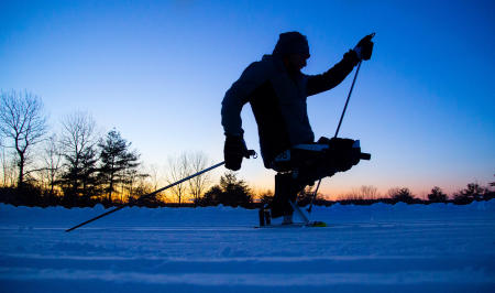 Eric Frazier trains for the Paralympics at the Outdoor Center at Pineland Farms in New Gloucester, Maine. Shot for The Portland Press Herald.